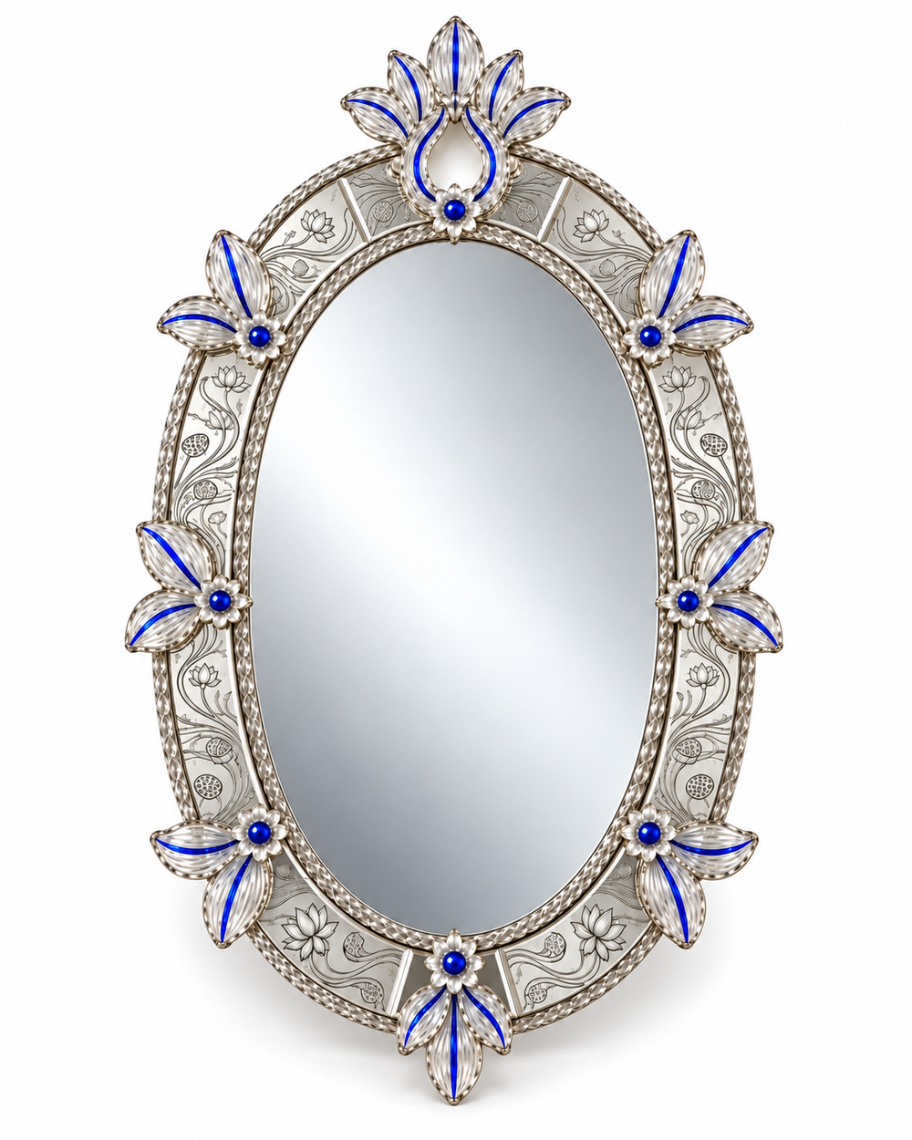 Neelpadma lotus oval mirror, complete front studio view with silver-clear detailing and cobalt-blue accents; AI-enhanced from the original product reference