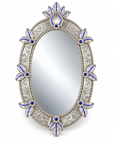 Neelpadma lotus oval mirror, complete front studio view with silver-clear detailing and cobalt-blue accents; AI-enhanced from the original product reference