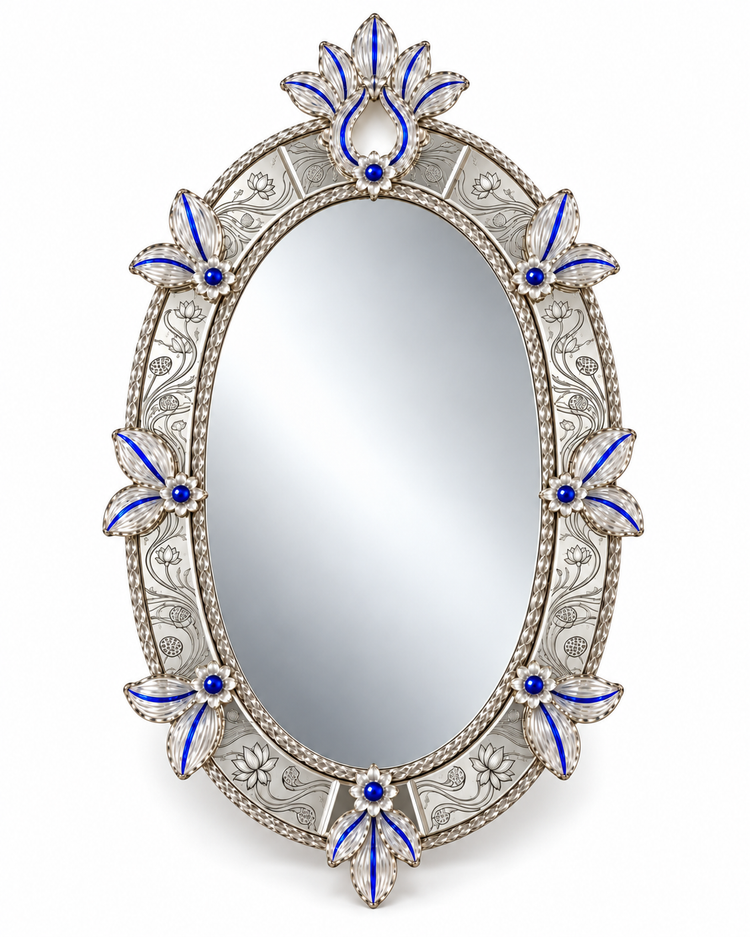 Neelpadma lotus oval mirror, complete front studio view with silver-clear detailing and cobalt-blue accents; AI-enhanced from the original product reference