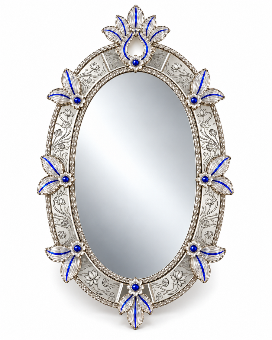 Neelpadma lotus oval mirror, complete front studio view with silver-clear detailing and cobalt-blue accents; AI-enhanced from the original product reference