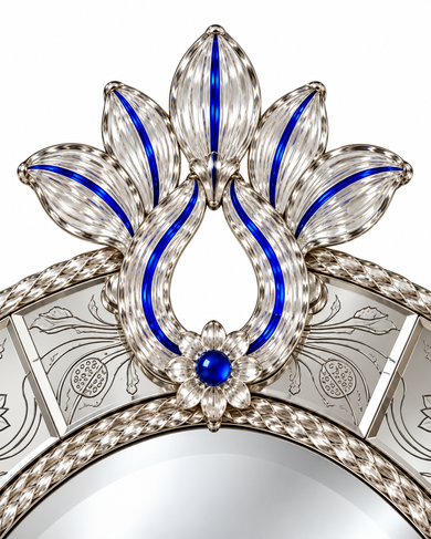 Neelpadma lotus crest and botanical border with cobalt-blue accents; AI-enhanced detail study
