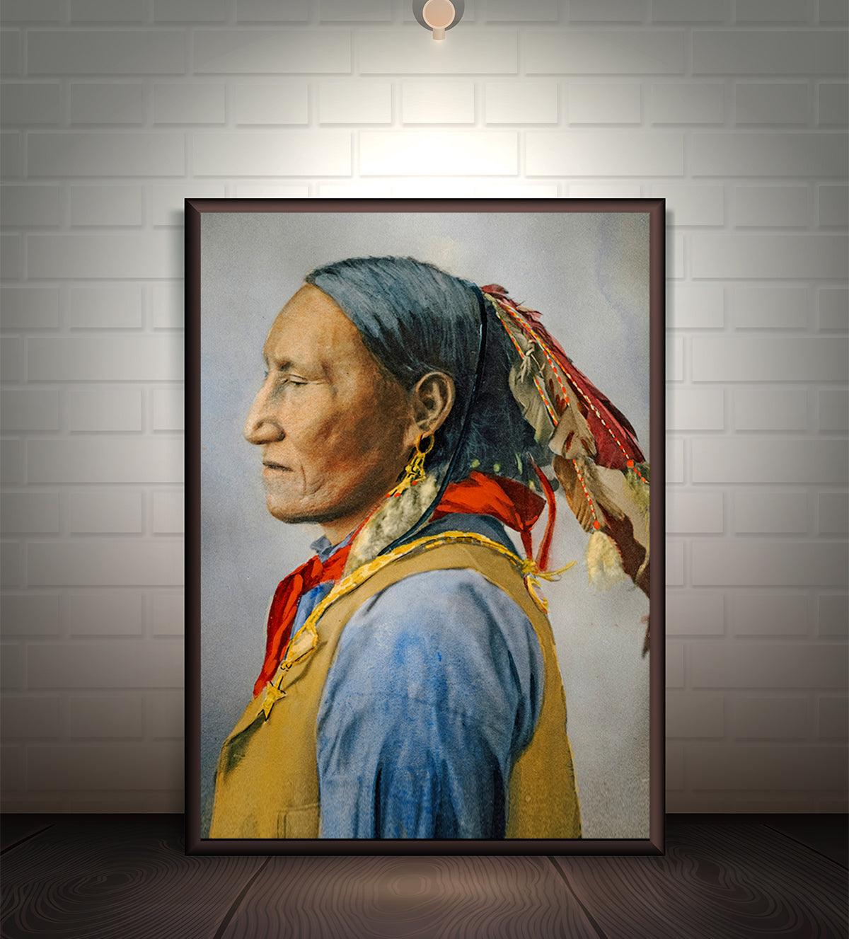 A vintage-style painting of a woman in traditional attire with vibrant details, symbolizing resilience and cultural heritage, displayed in a well-lit modern interior.