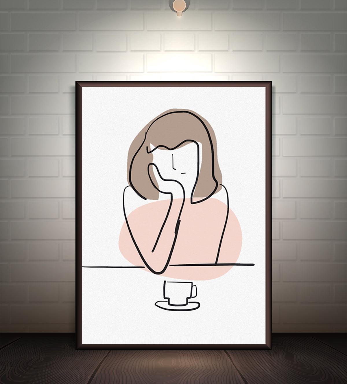 Minimalist painting of a person in thoughtful pose with a cup, titled Quiet Moments, available on paper or canvas in various sizes.- Aartaa decor