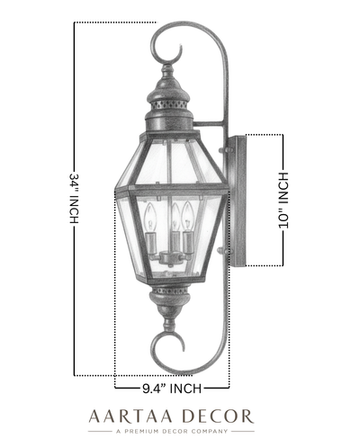 Wall-mounted lantern with dimensions and Aartaa Decor branding