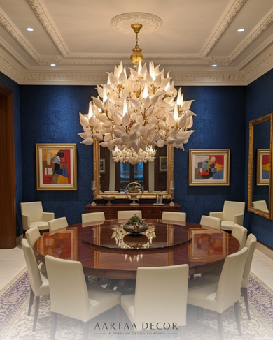 Radiant Petal Cascade Chandelier installed in a modern dining area with glass-top table and warm ambient lighting.
