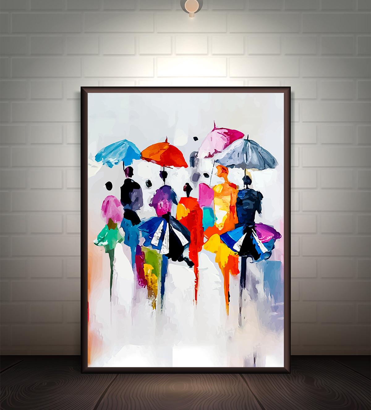 A vibrant painting of a bustling city street with a crowd of people holding colorful umbrellas under a rainy sky, blending bold colors with a soft, misty background for a modern and artistic feel.