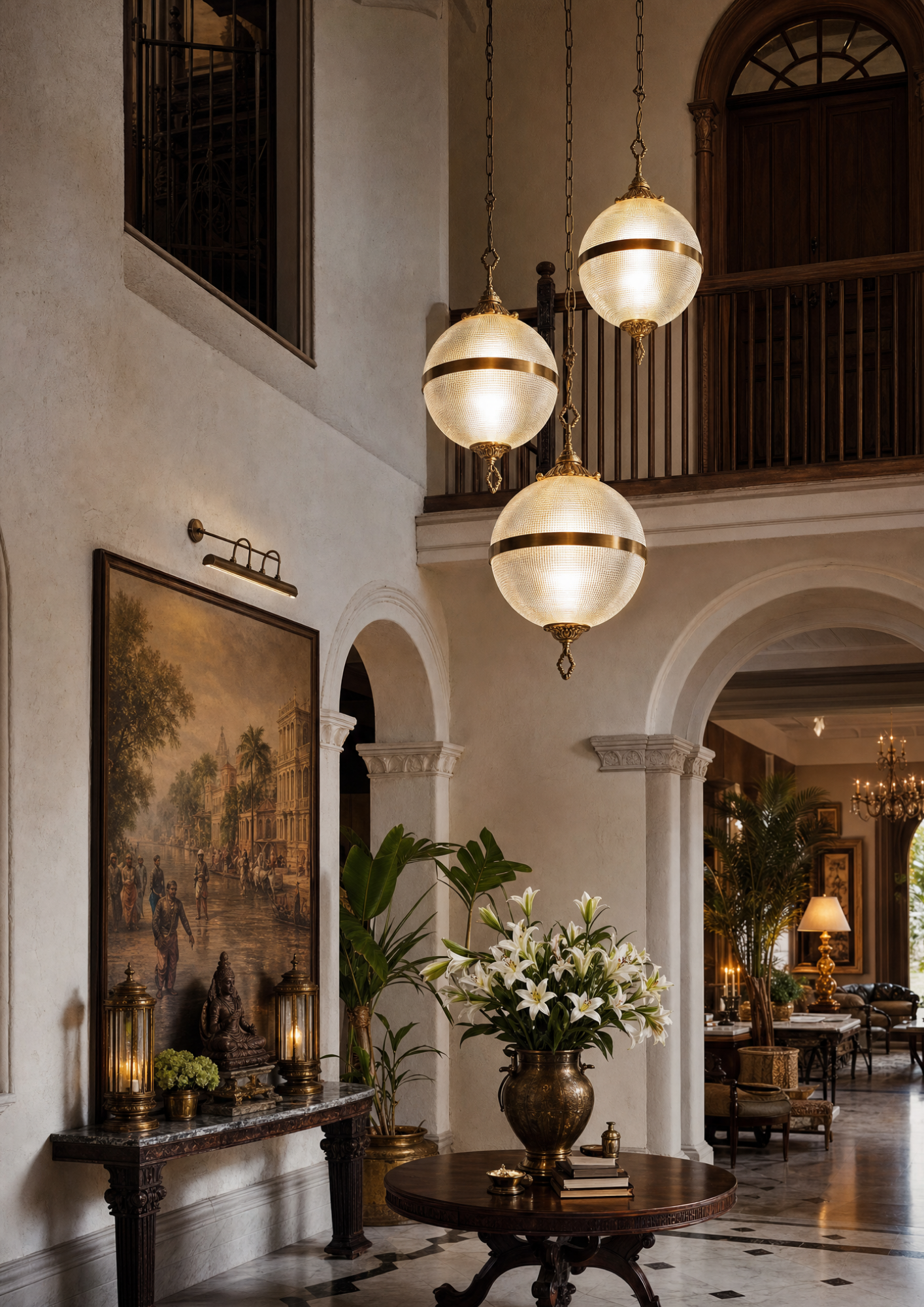 Handcrafted brass and glass pendant lights installed in luxury heritage-style residence. Luxurious interior with chandeliers, artwork, and a table with flowers.