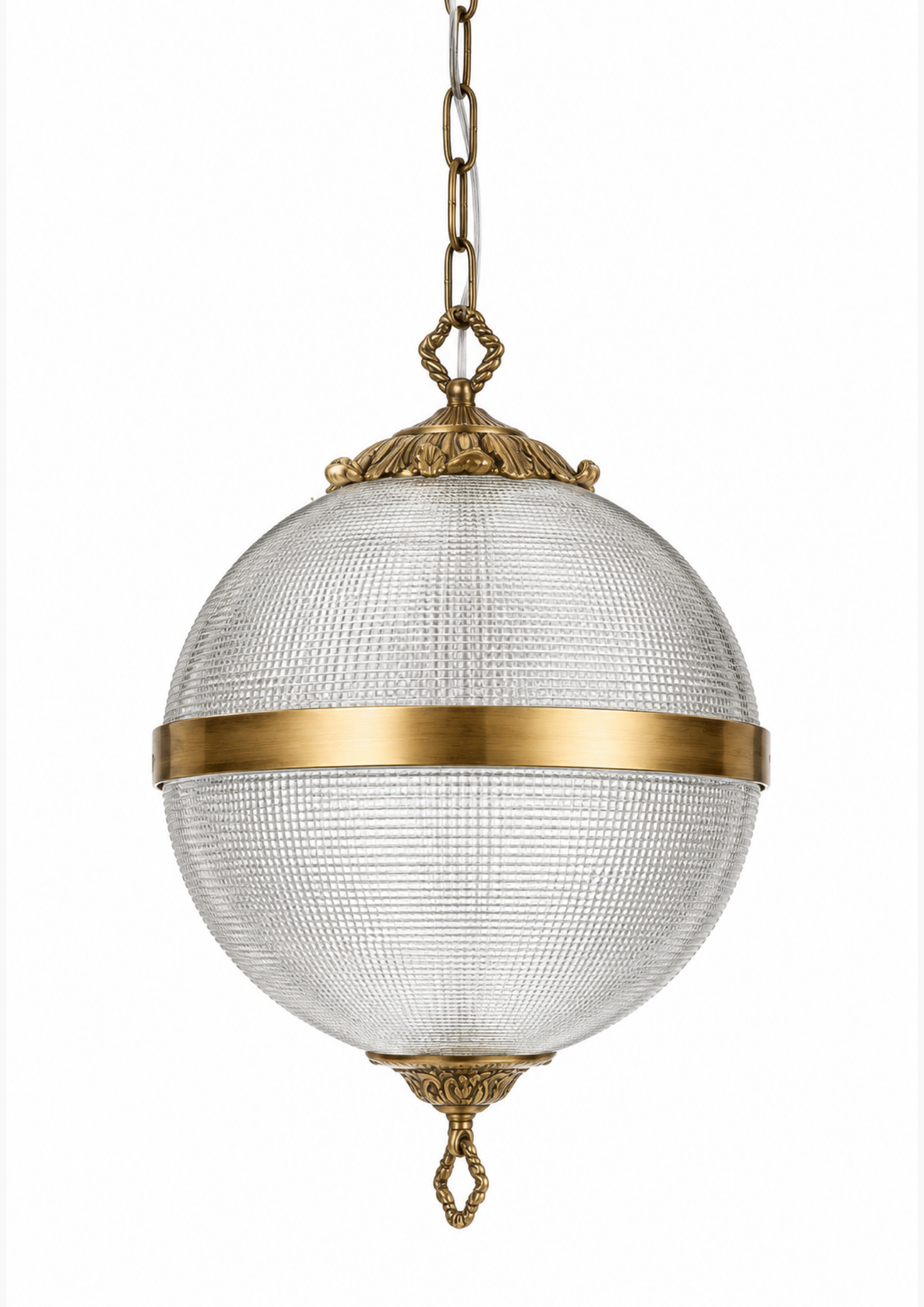 Rajbari Globe Pendant handcrafted brass and textured glass hanging light by Aartaa Decor. Decorative pendant light with gold accents on a white background