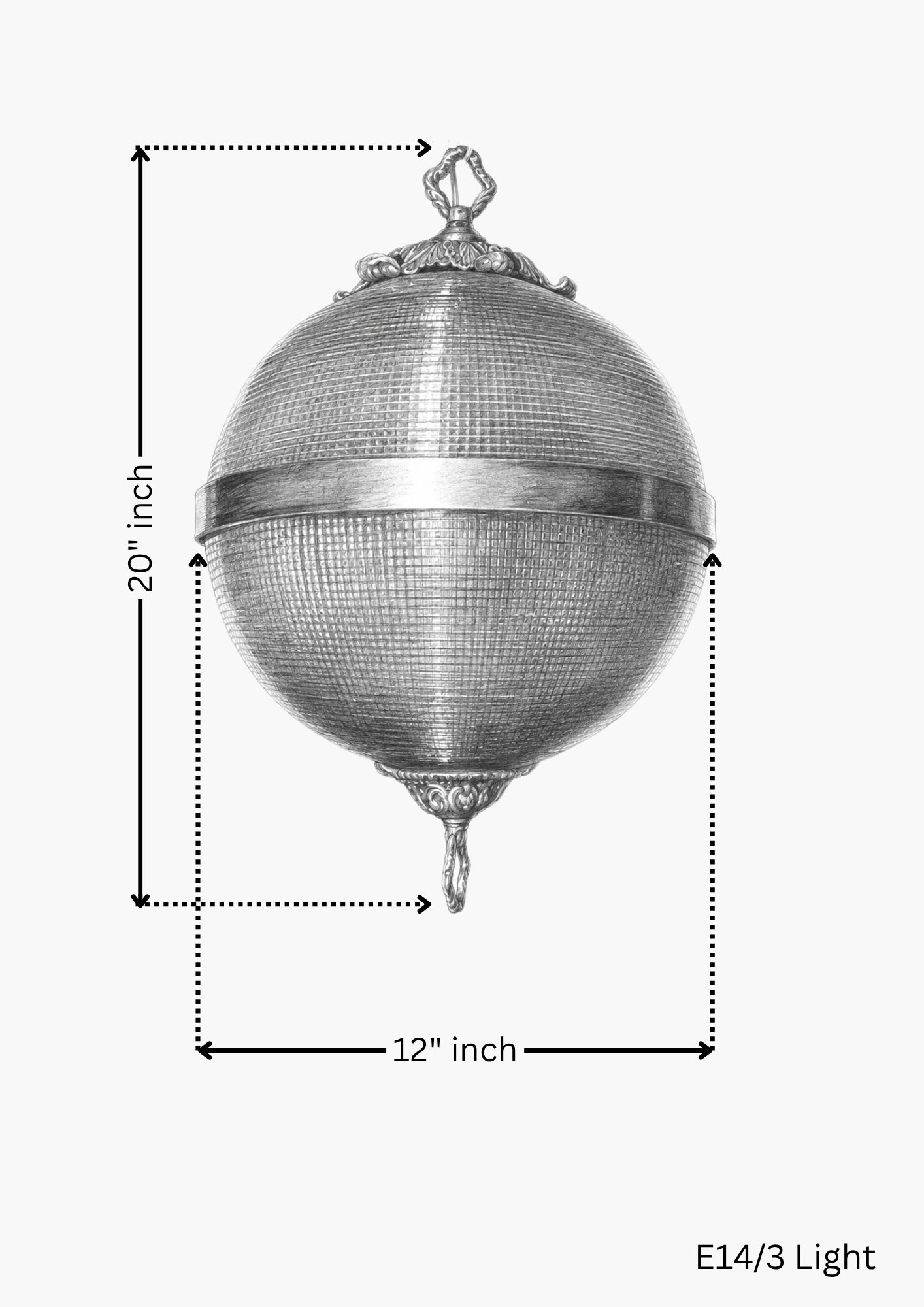 Rajbari Globe Pendant dimensions 12 inch diameter and 20 inch height with 3-light E14 fitting. Measurement chart of a decorative light fixture with dimensions labeled.