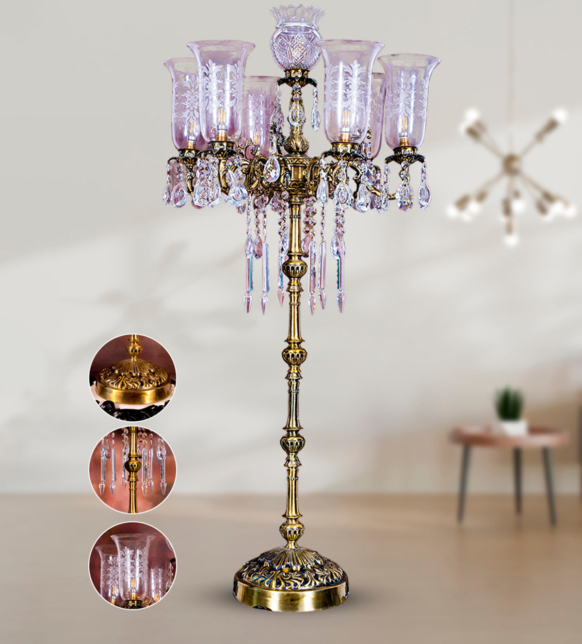 Rajkumari Crystal Brass Floor Lamp is a tribute to the majestic palaces of Rajasthan. Crafted from ornate brass and adorned with intricate crystal-cut glass shades, this lamp brings a royal charm into your home. Standing tall at 58.5 inches, it serves as a captivating focal point in living rooms or foyers, blending timeless traditional craftsmanship with modern functionality