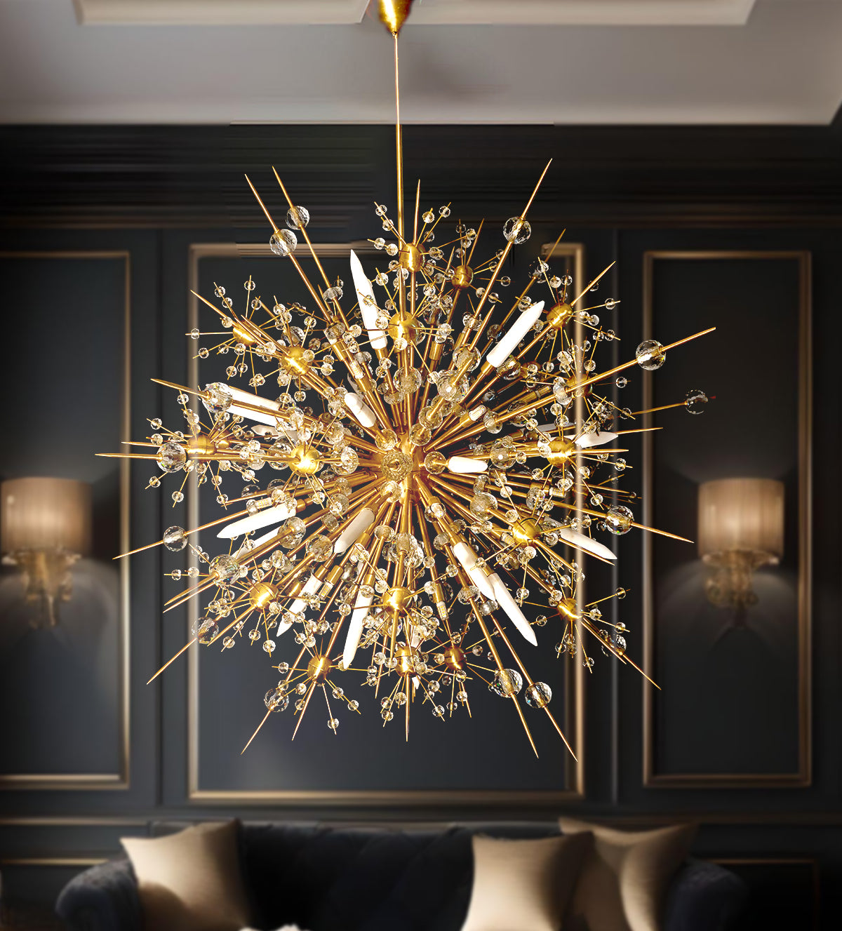 Rajratna starburst luxe chandelier - Luxury lighting for home, villa, hotel, and duplex architectural spaces.