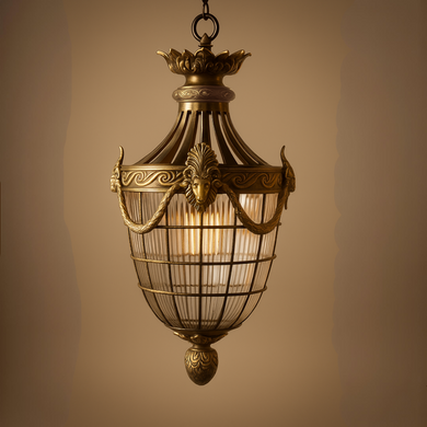 Regal Aurelius handcrafted antique brass pendant light with ribbed glass shade, luxury vintage lantern made in India by Aartaa Decor