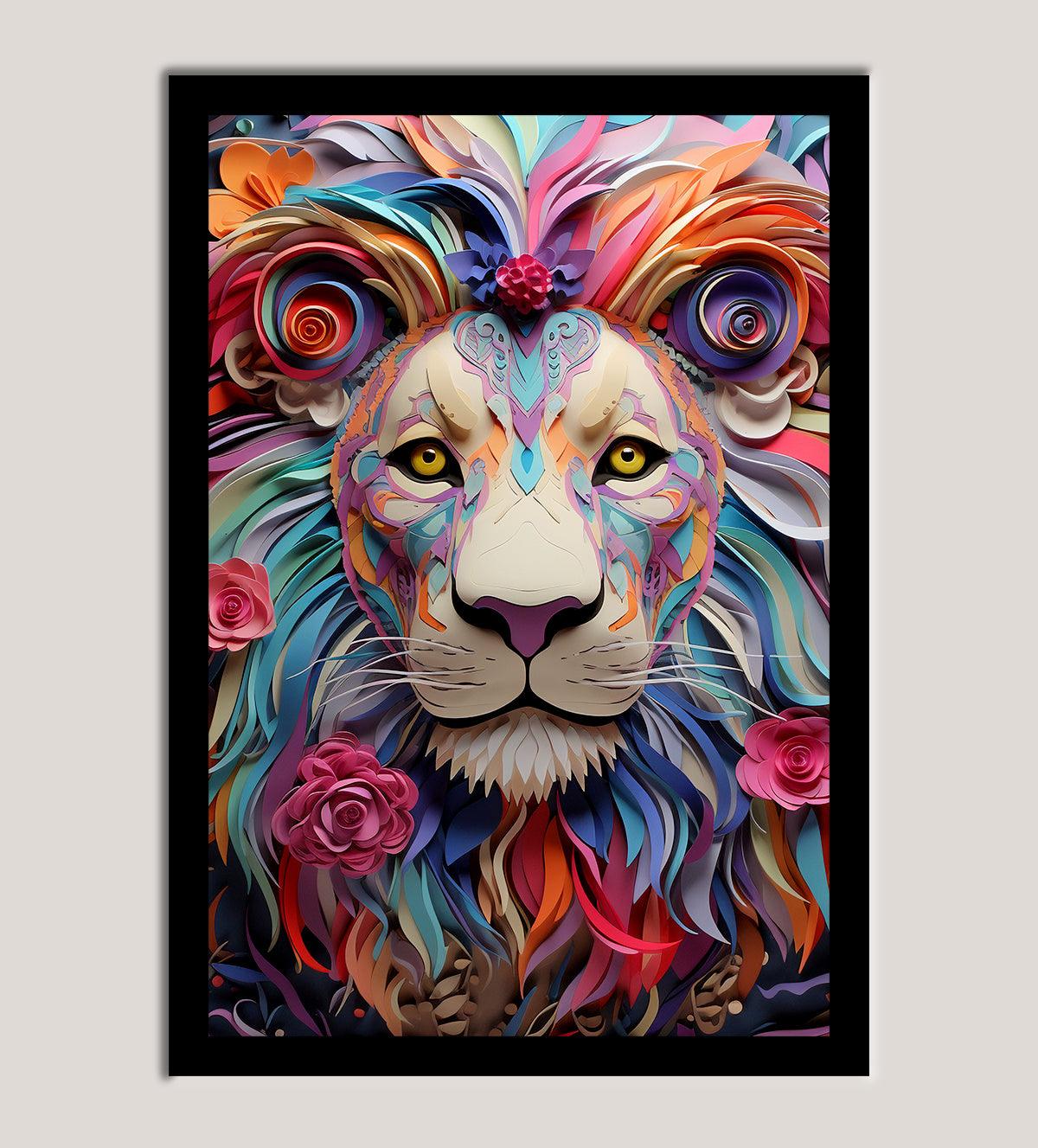 Vibrant lion with a multicolored mane and floral accents, symbolizing power, strength, and majesty. Bold wall art for inspiring spaces.