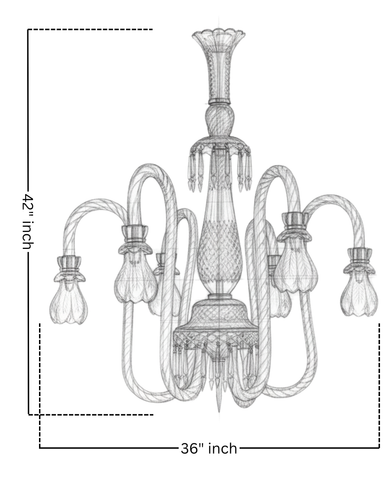 Line drawing of a chandelier with dimensions indicated