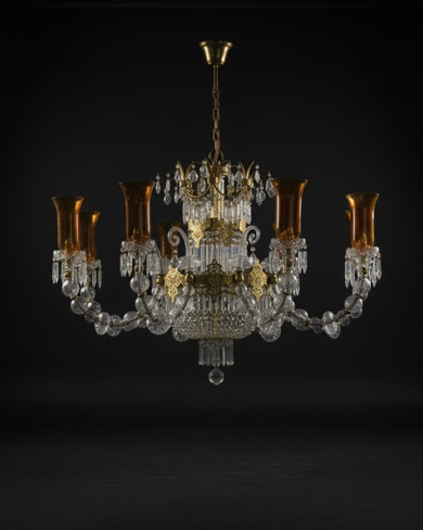 Regalia Grand Crystal Chandelier installed in a heritage temple interior, creating a warm regal glow and enhancing the traditional architecture. Studio
