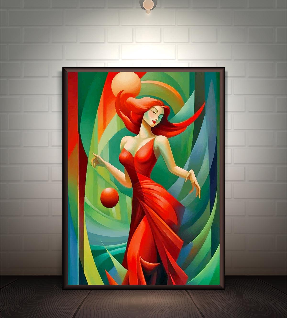 Modern painting of a woman dancing in a flowing red dress with vibrant green, blue, and gold abstract swirls in the background, ideal for contemporary and eclectic decor.