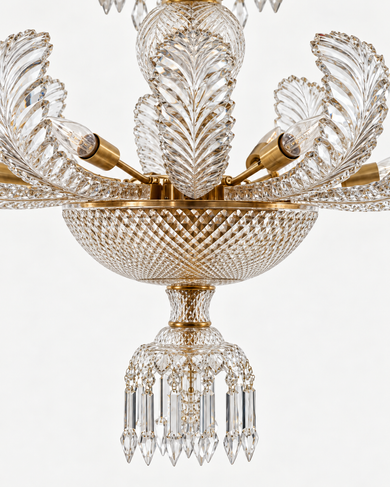Close detail of the Royal Palm cut-crystal bowl, palm fronds and prism tassel; AI-enhanced product detail
