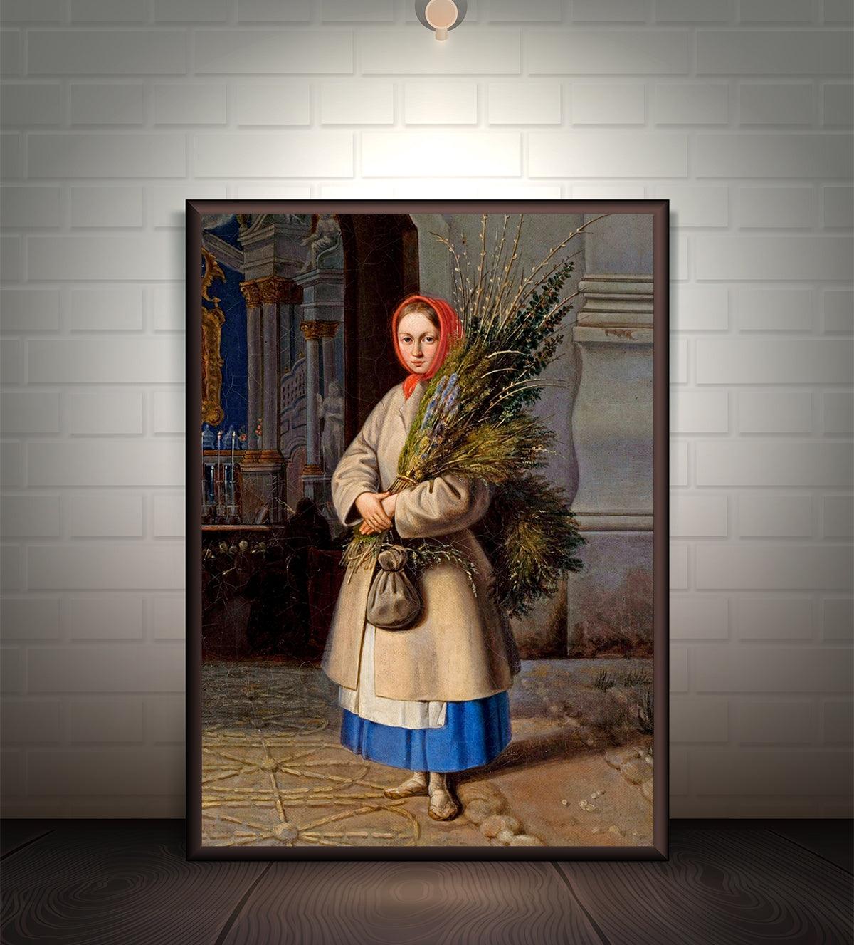 A vintage-style painting of a young woman in traditional attire, holding a bundle of harvested grain, with a red scarf and rustic background.