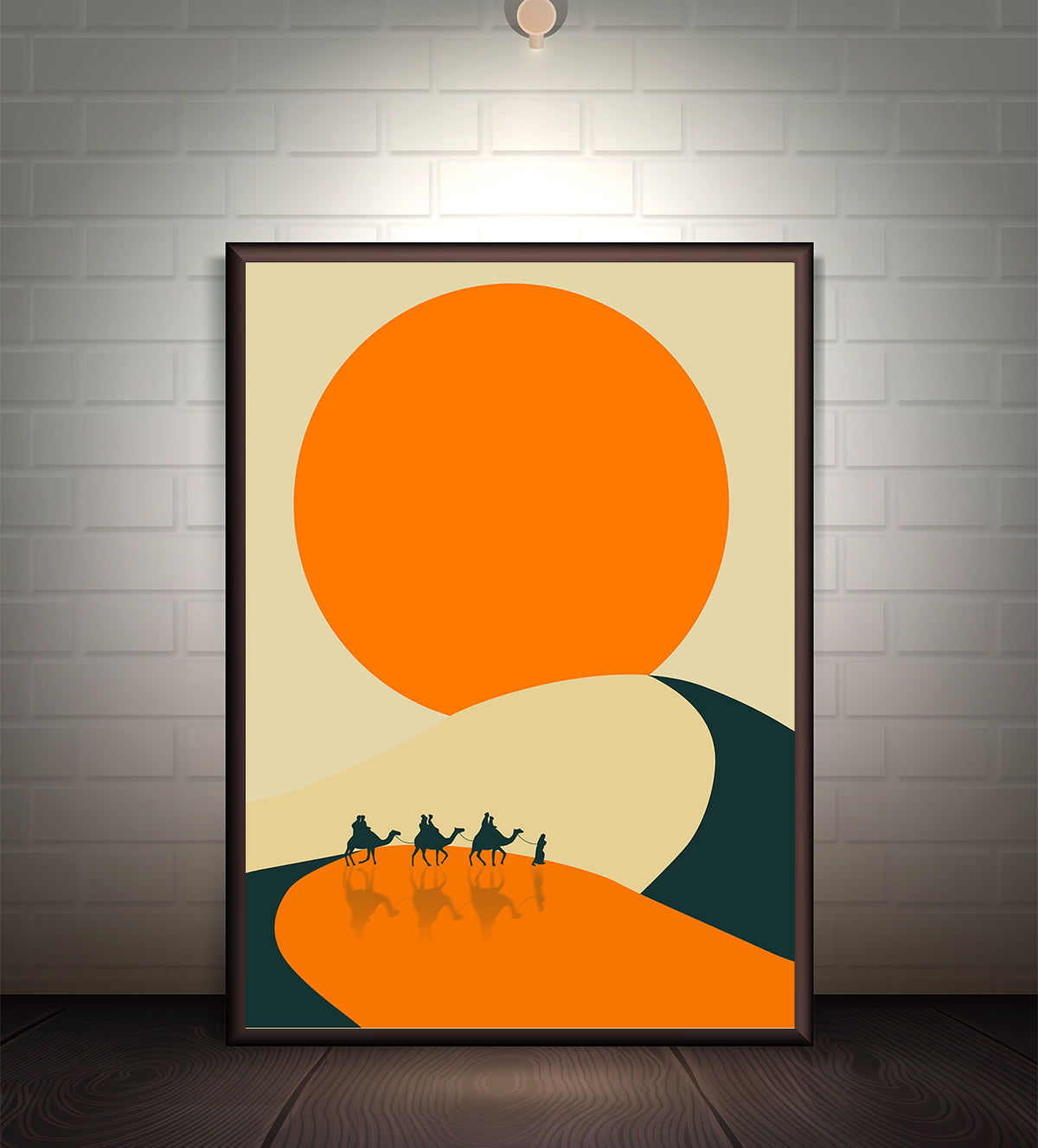 Minimalist painting of a desert landscape with travelers on horseback under a large orange sun, symbolizing calm and adventure. Available in various sizes and framing options.