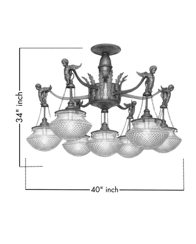Vintage-style chandelier with dimensions on a white background