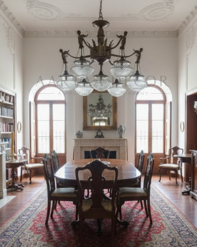 Dining room with wooden table and chairs, large chandelier, and decorative rug.