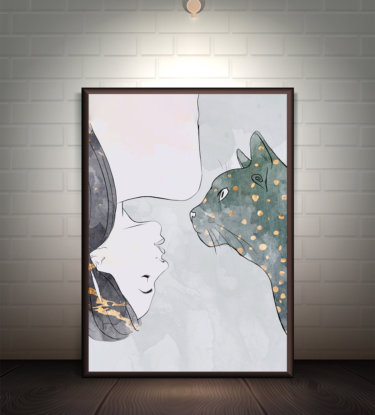 “Serenity Shared” - A stunning digital painting featuring a woman and a leopard in a serene oasis setting. Perfect for modern, eclectic home decor. Buy now to add a touch of tranquility to your space.