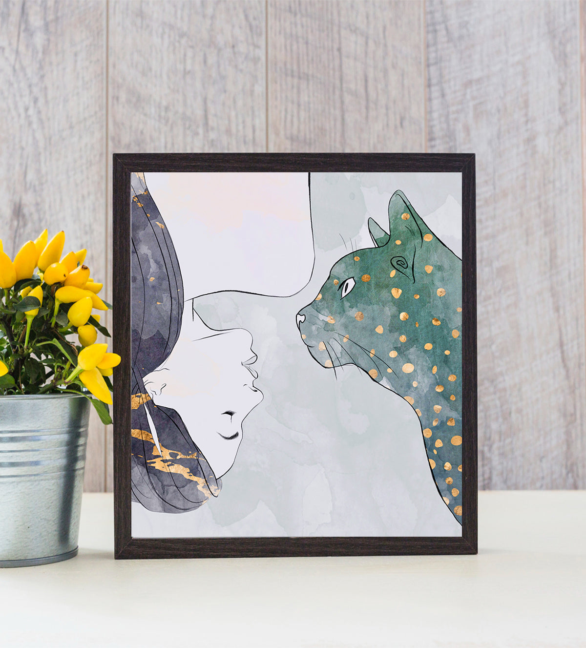 “Serenity Shared” - A stunning digital painting featuring a woman and a leopard in a serene oasis setting. Perfect for modern, eclectic home decor. Buy now to add a touch of tranquility to your space - Aartaa decor