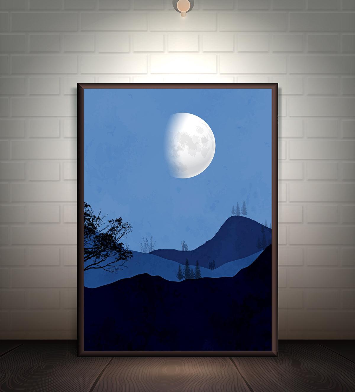 Painting of a tranquil mountain landscape under a glowing moon, featuring a cool blue night sky. Ideal for peaceful and nature-inspired home decor.