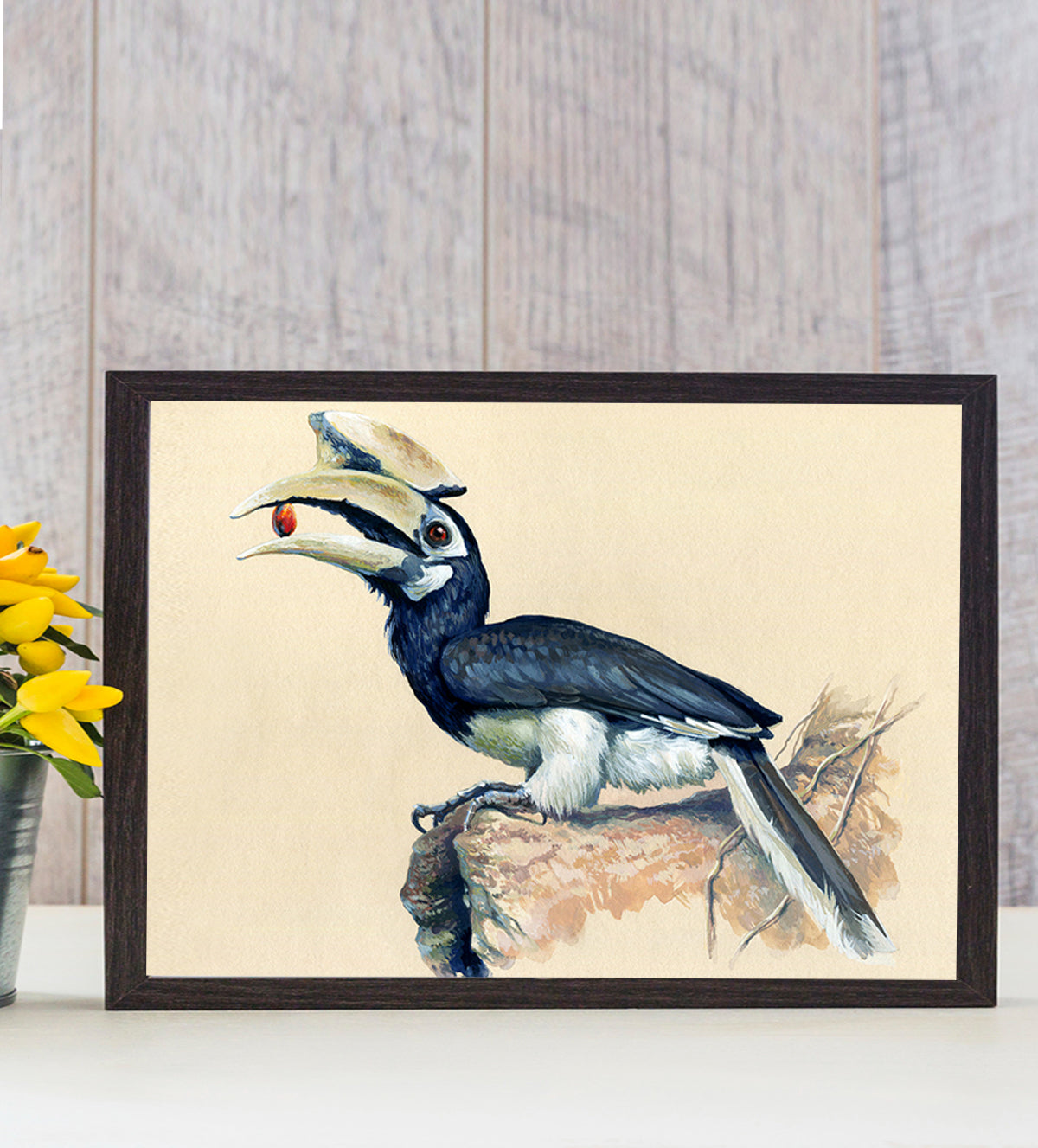 painting of a striking hornbill perched on a rock - Aartaa decor