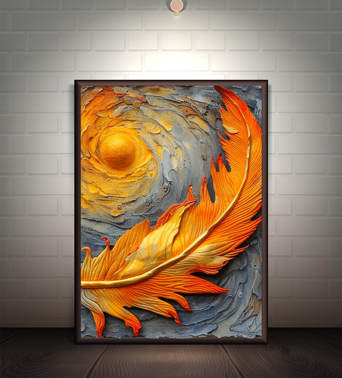 Golden feather with a glowing sunburst background on textured canvas, blending warmth, inspiration, and sophistication for interior decor.