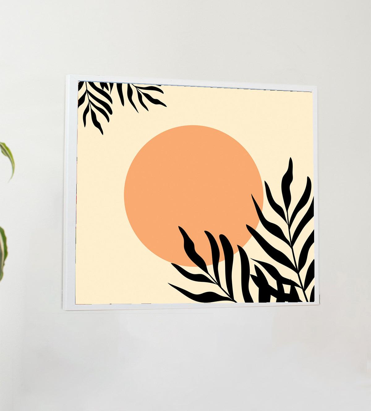 Shop 'Sunset Dreams: Minimalist Boho Botanical Art,' a nature-inspired wall print featuring a serene sunset and bold palm leaves. Perfect for modern and boho interiors.