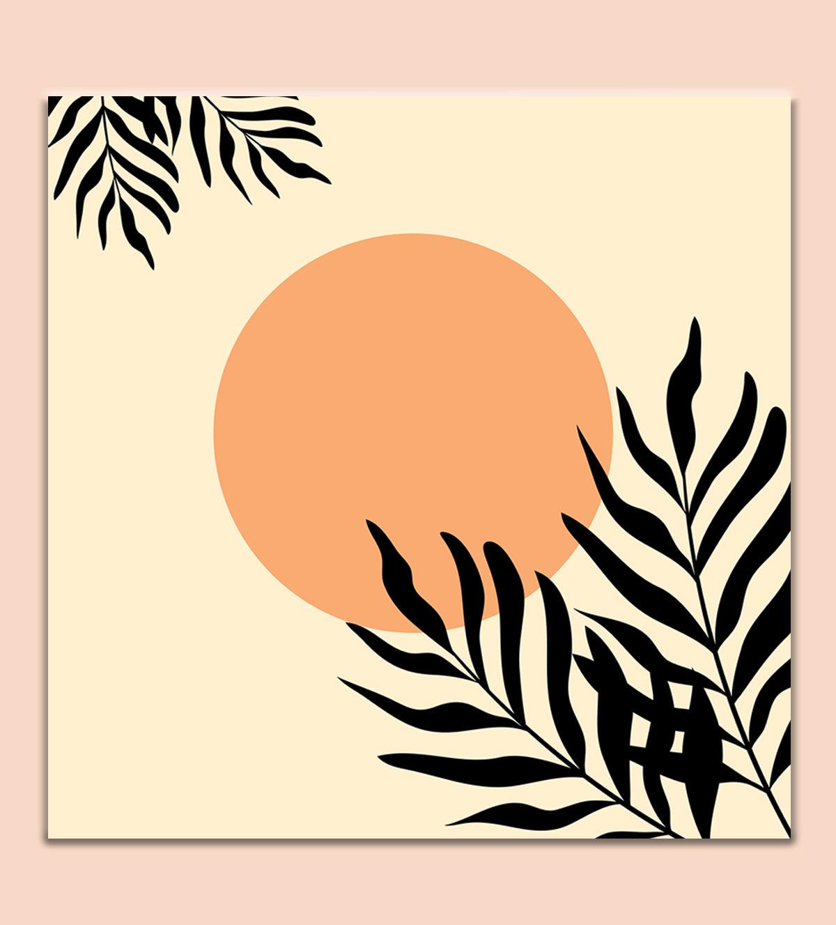 Shop 'Sunset Dreams: Minimalist Boho Botanical Art,' a nature-inspired wall print featuring a serene sunset and bold palm leaves. Perfect for modern and boho interiors.