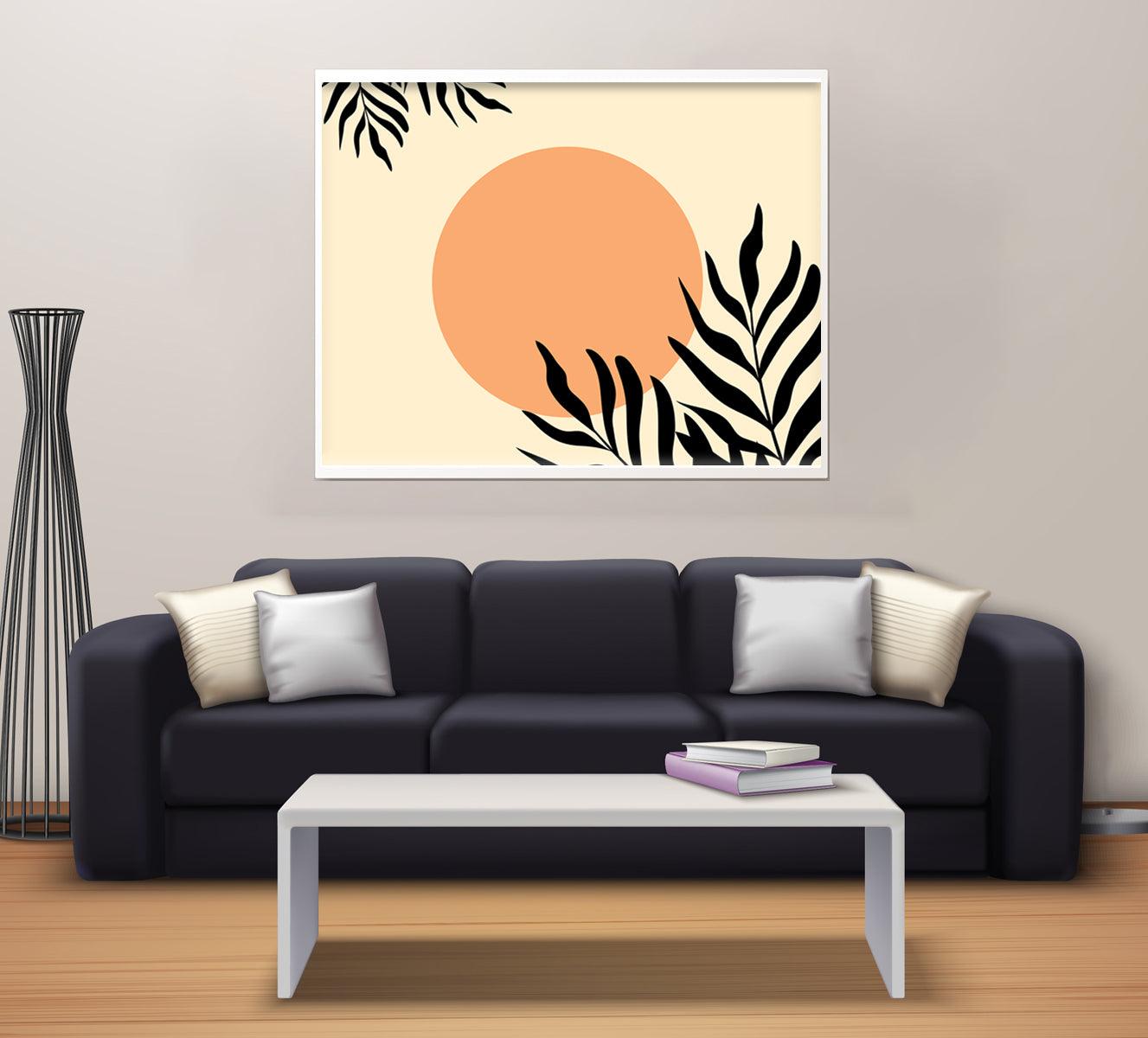 "Shop 'Sunset Dreams: Minimalist Boho Botanical Art,' a nature-inspired wall print featuring a serene sunset and bold palm leaves. Perfect for modern and boho interiors Aartaa decor