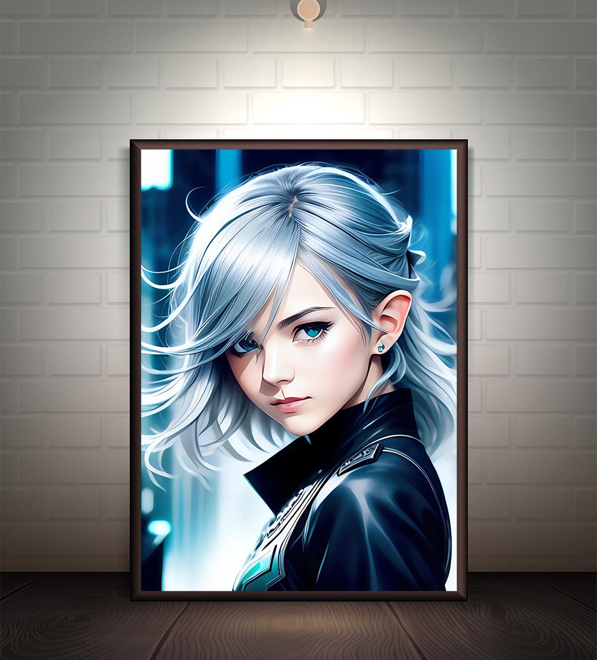 Supernova Heroine: Fierce and Fearless, a stunning painting of a bold, silver-haired heroine with futuristic flair. Perfect for modern, edgy interiors, this art piece is available in multiple sizes and framing options. Click to shop now and add a touch of power and elegance to your room!