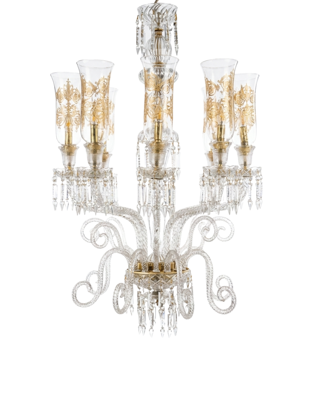 Decorative chandelier with gold accents on a white background