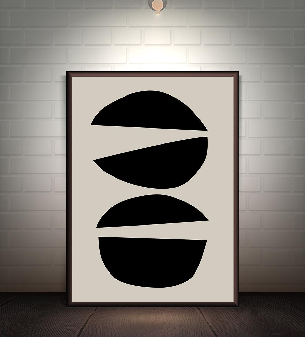 Minimalist abstract artwork featuring two black circles divided by sharp, angular white spaces on a neutral background. Bold geometric design perfect for modern interiors.