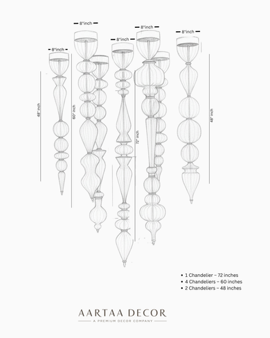 Measurement chart of Aartaa Decor crystal chandeliers with dimensions and Aartaa Decor branding.