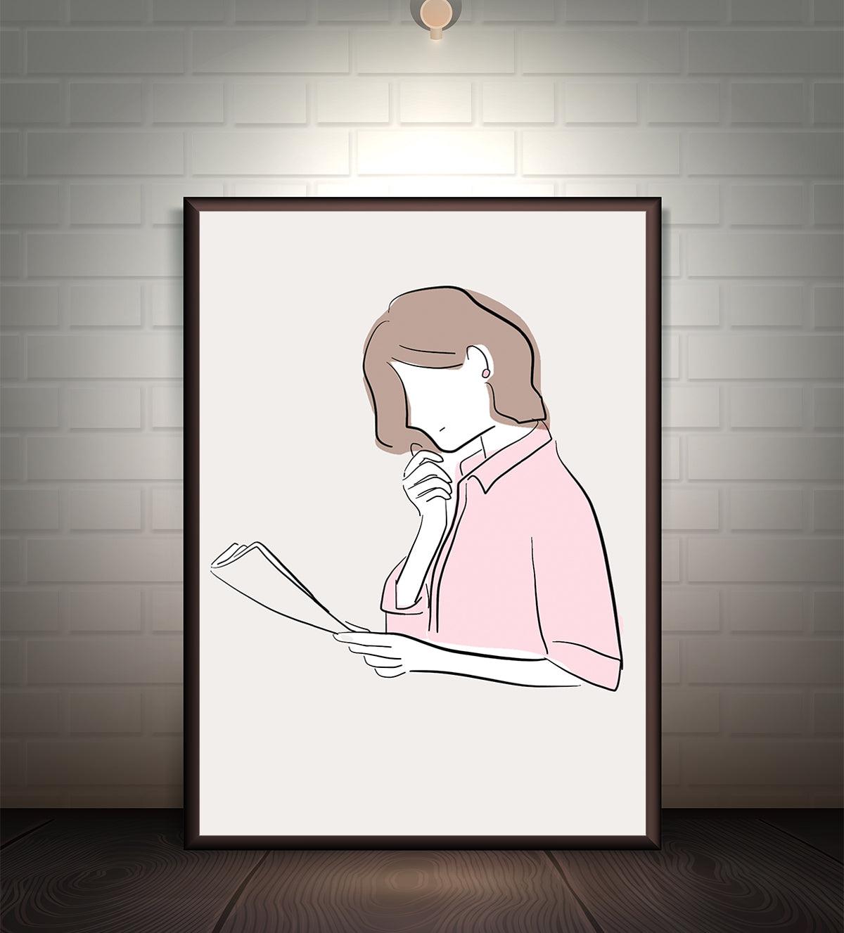 Minimalist wall art of a woman reading, titled 'The Quiet Reader: A Moment of Reflection,' ideal for creating a serene atmosphere in home or office spaces.