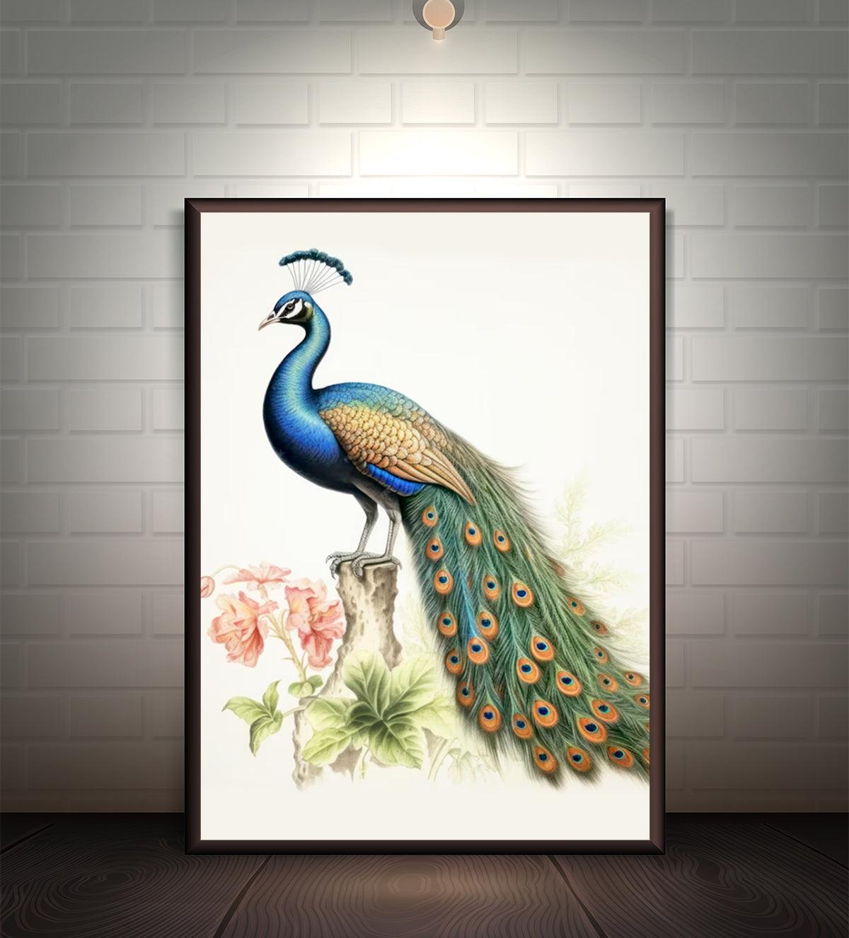 Illustration of a vibrant peacock with intricately detailed feathers, perched near soft floral elements against a minimalist background, perfect for elevating home interiors with a touch of luxury.