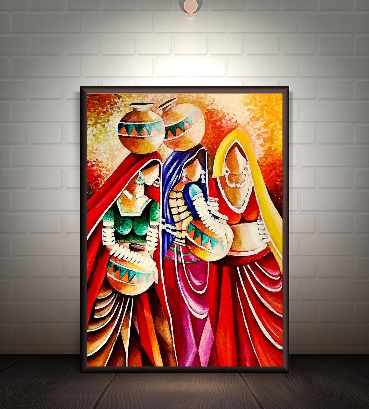 Three women gracefully holding pots in an art print I Art portraying culture with three women carrying pots - Aartaa decor