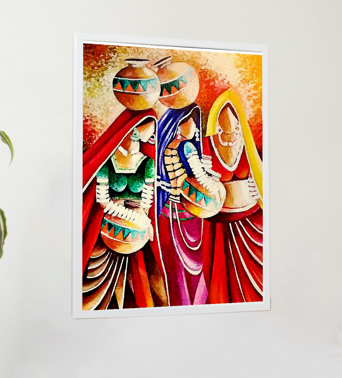 Three women gracefully holding pots in an art print I Art portraying culture with three women carrying pots - Aartaa decor