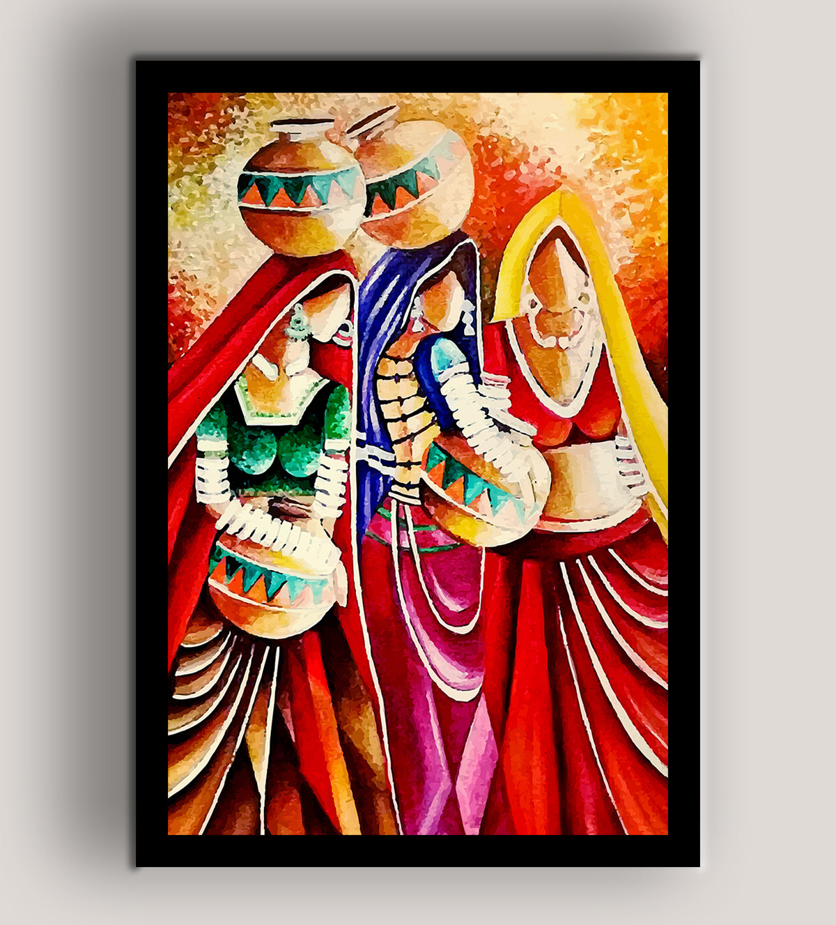 Three women gracefully holding pots in an art print I Art portraying culture with three women carrying pots - Aartaa decor