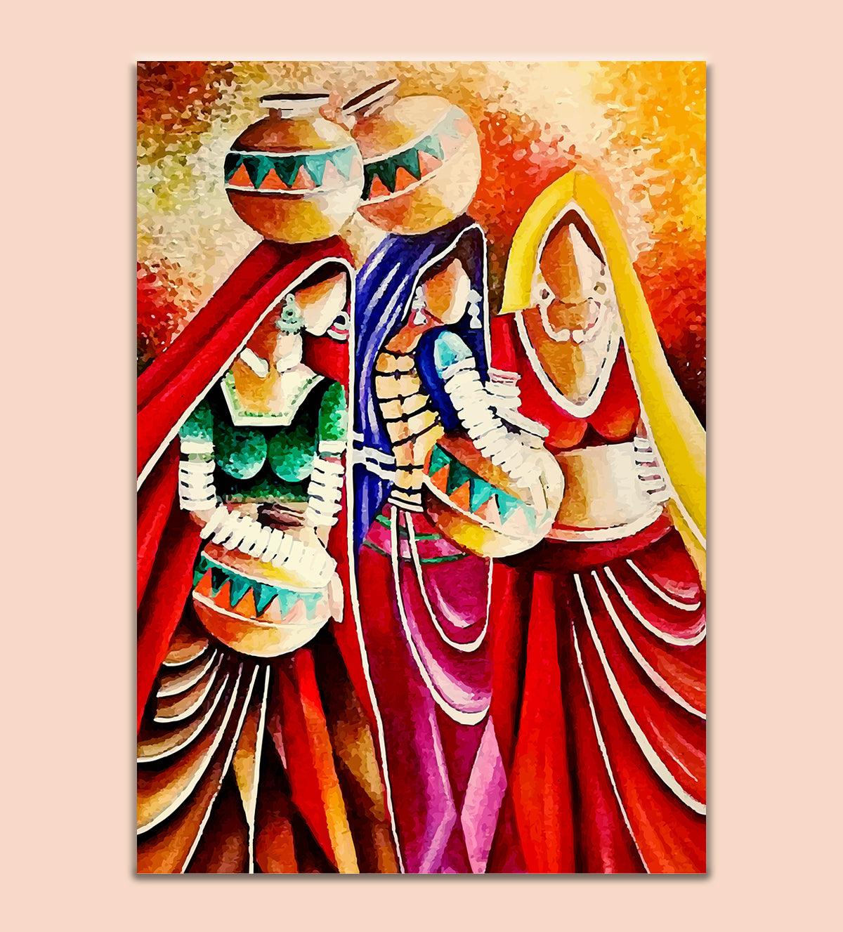 Three women gracefully holding pots in an art print I Art portraying culture with three women carrying pots - Aartaa decor