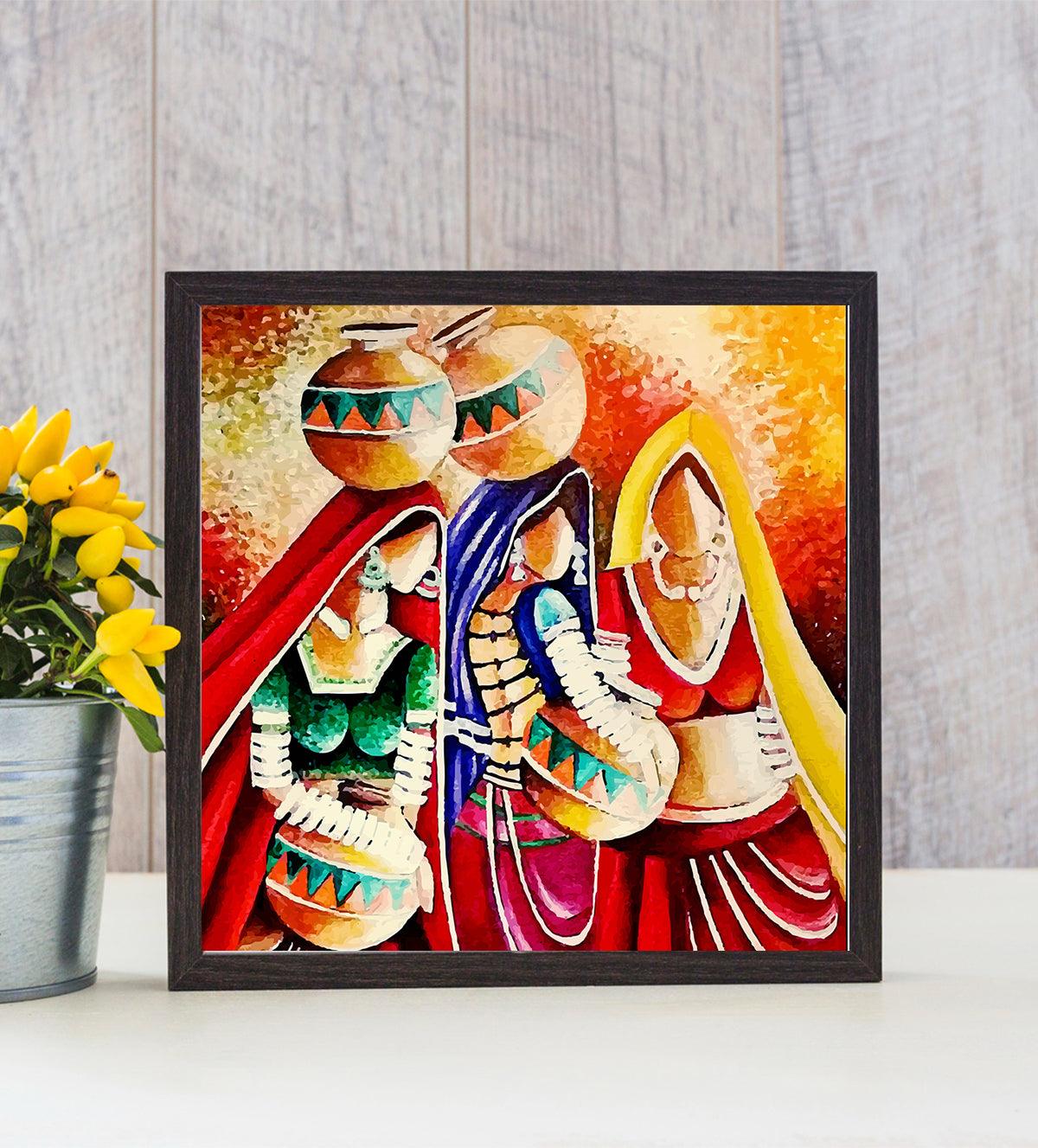 Three women gracefully holding pots in an art print I Art portraying culture with three women carrying pots - Aartaa decor