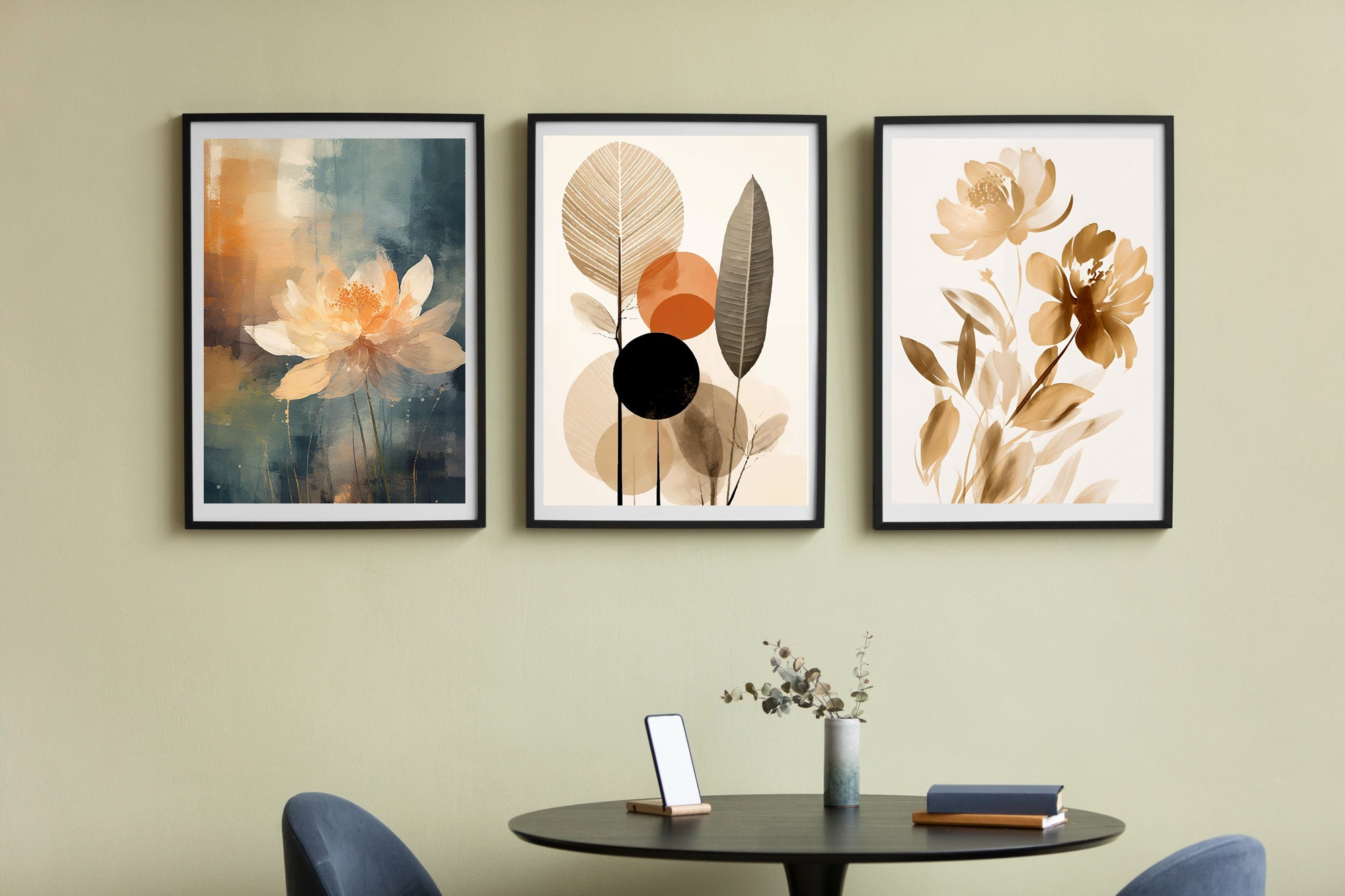 "Tranquil Blossoms" is a 3-piece geometric floral set featuring watercolor lotus flowers and abstract shapes. Perfect for adding serenity and sophistication to any space, this artwork is a must-have for modern home décor.