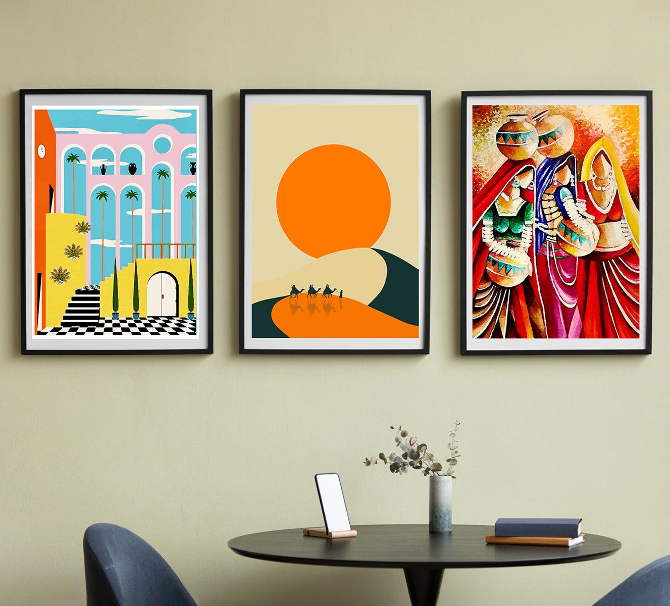 A set of three tropical art prints featuring colorful buildings, palm trees, and vibrant sunsets, designed to bring a touch of paradise into any home decor.