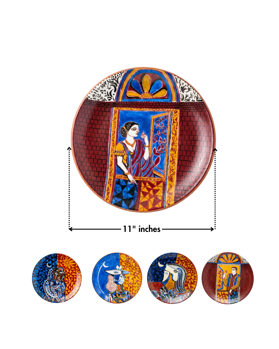 Decorative plate with artistic design and measurements on a white background