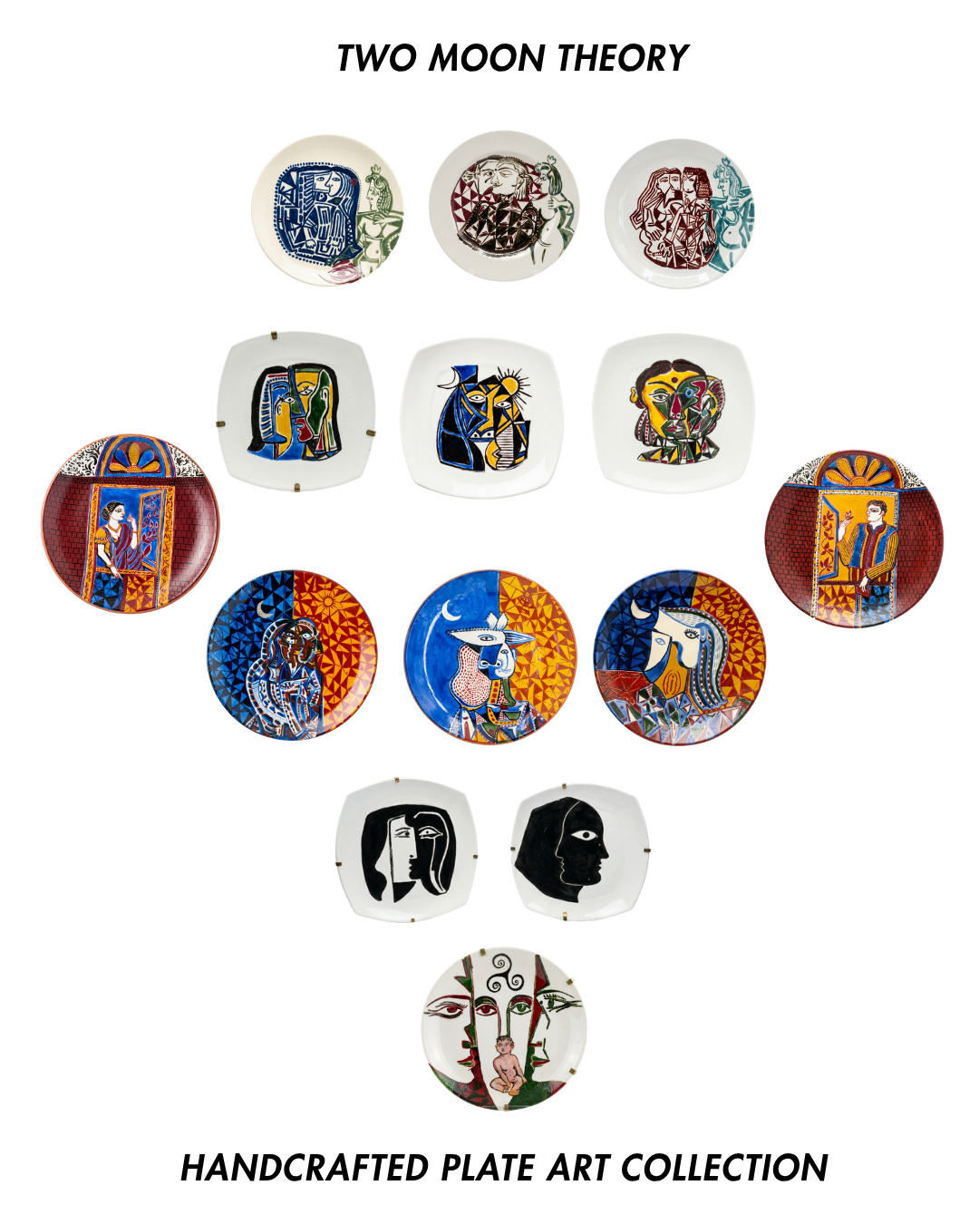 Collection of handcrafted plate art with 'Two Moon Theory' branding on a white background.