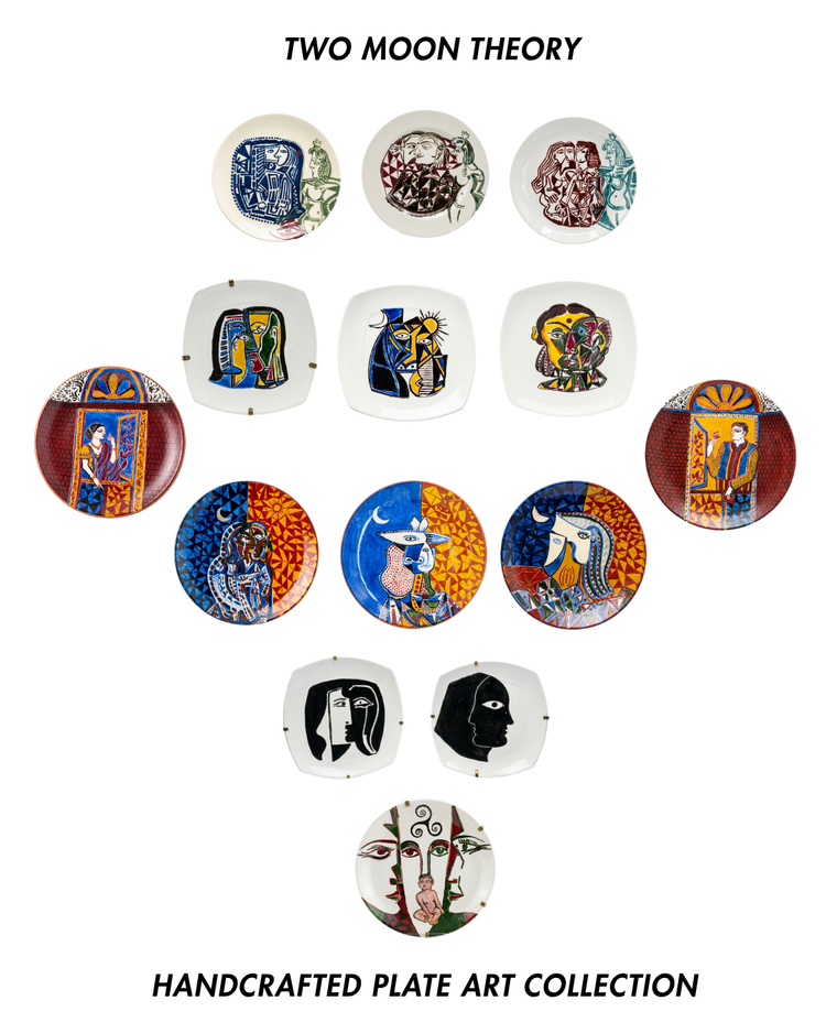 Collection of handcrafted plate art with 'Two Moon Theory' branding on a white background.