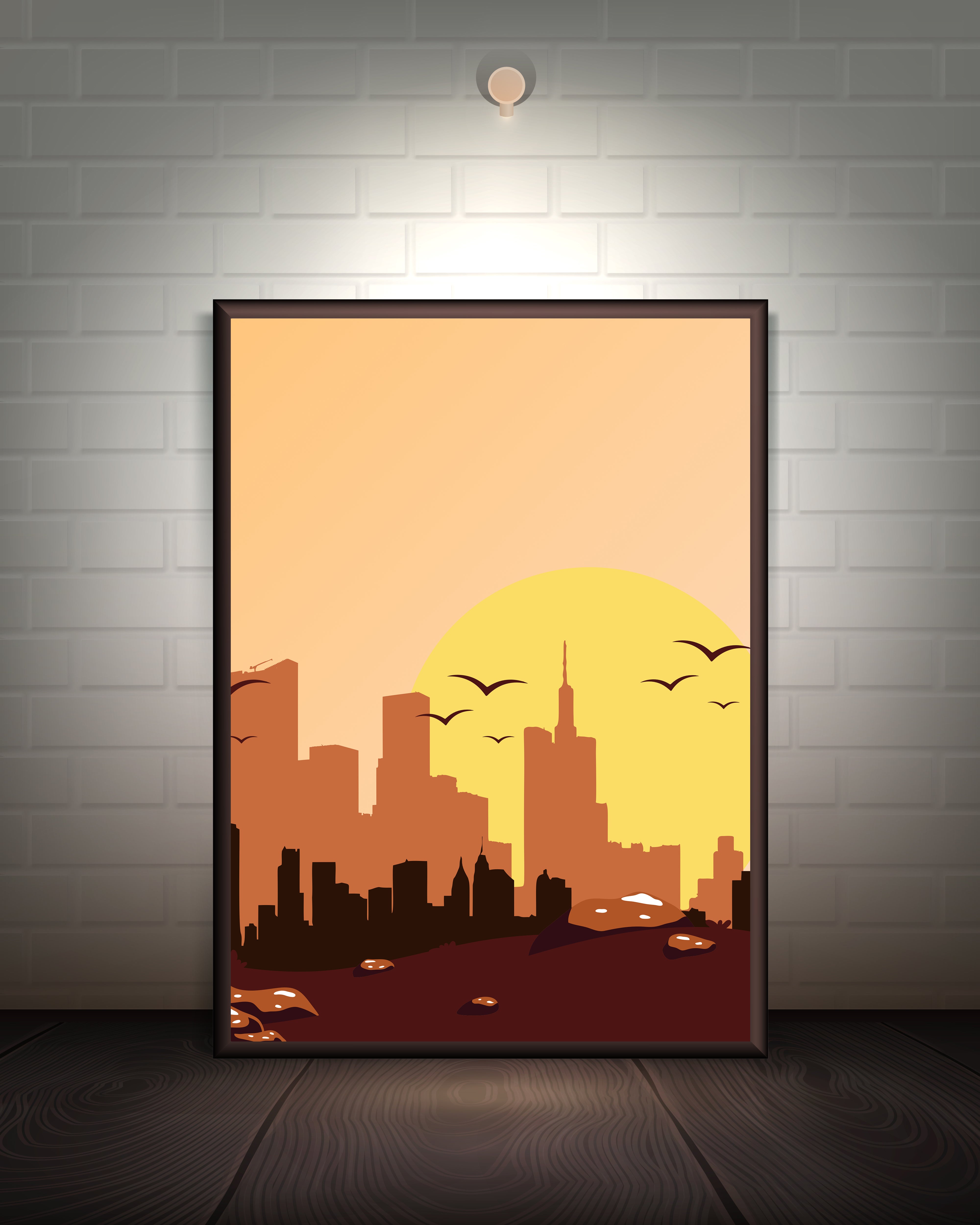 Artwork featuring a golden sunset over a modern cityscape with skyscrapers silhouetted against a vibrant yellow sun. Birds in flight add a sense of movement and serenity.